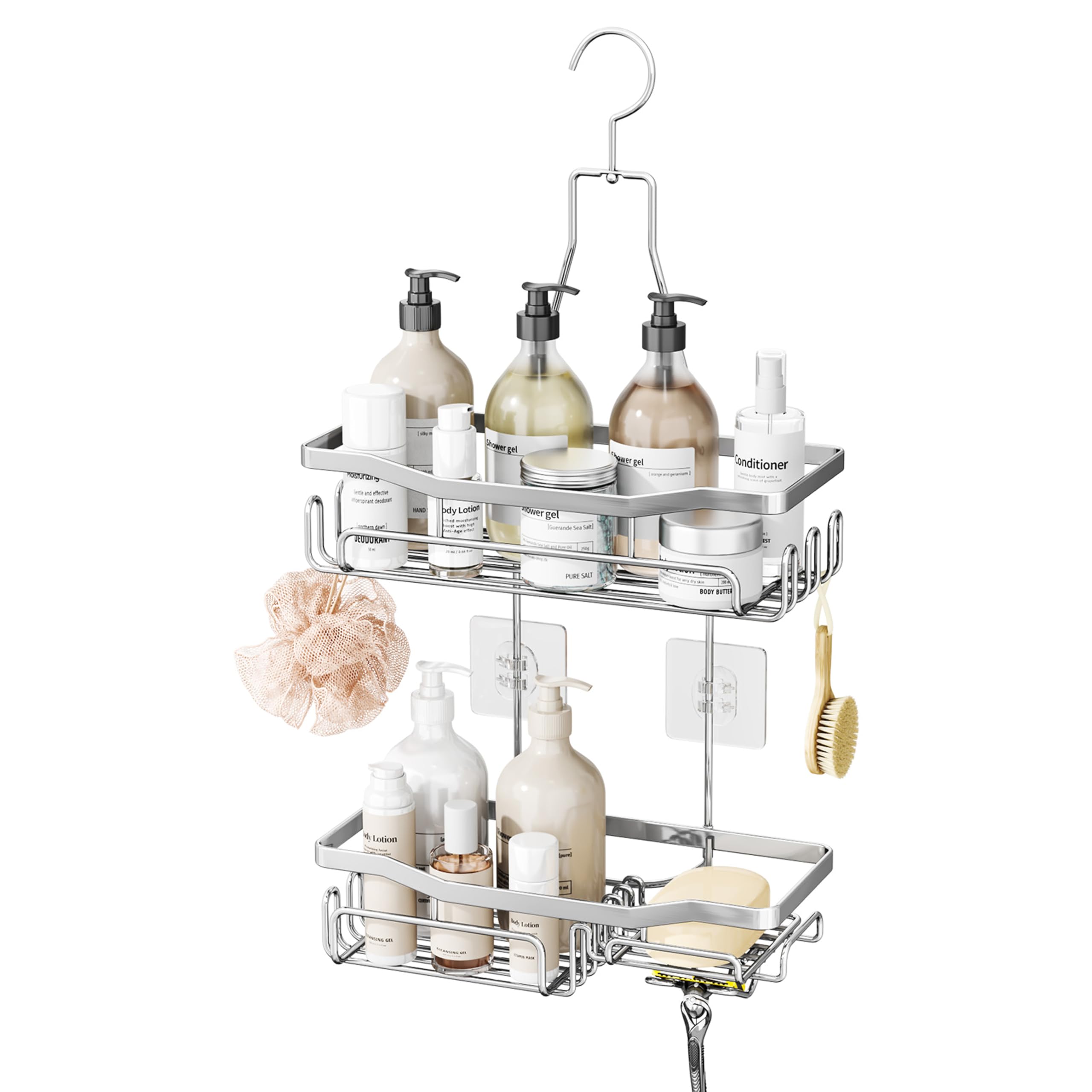 HapiRm Hanging Shower Caddy - No Drilling Shower Shelf with Razor & Soap Holder, Rust-resistant Bathroom Shelves for Accessories Shampoo, Conditioner, 2 Tier Shelf Organiser, 3 Screw Adhesives