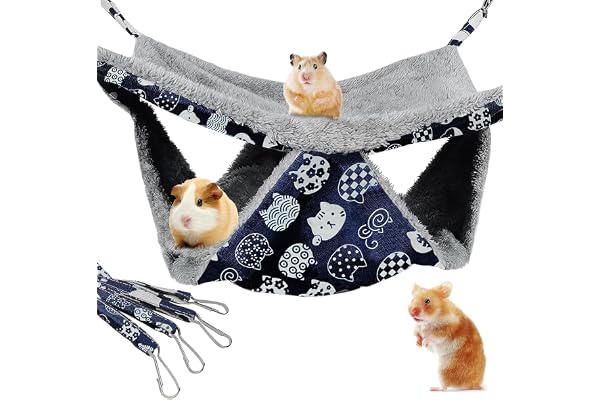 2 Layers Small Animals Hammock for Guinea Pig Cage, Double Sided Soft Hideout and Warm Bedding, Toys for Hamster Ferret (Blue