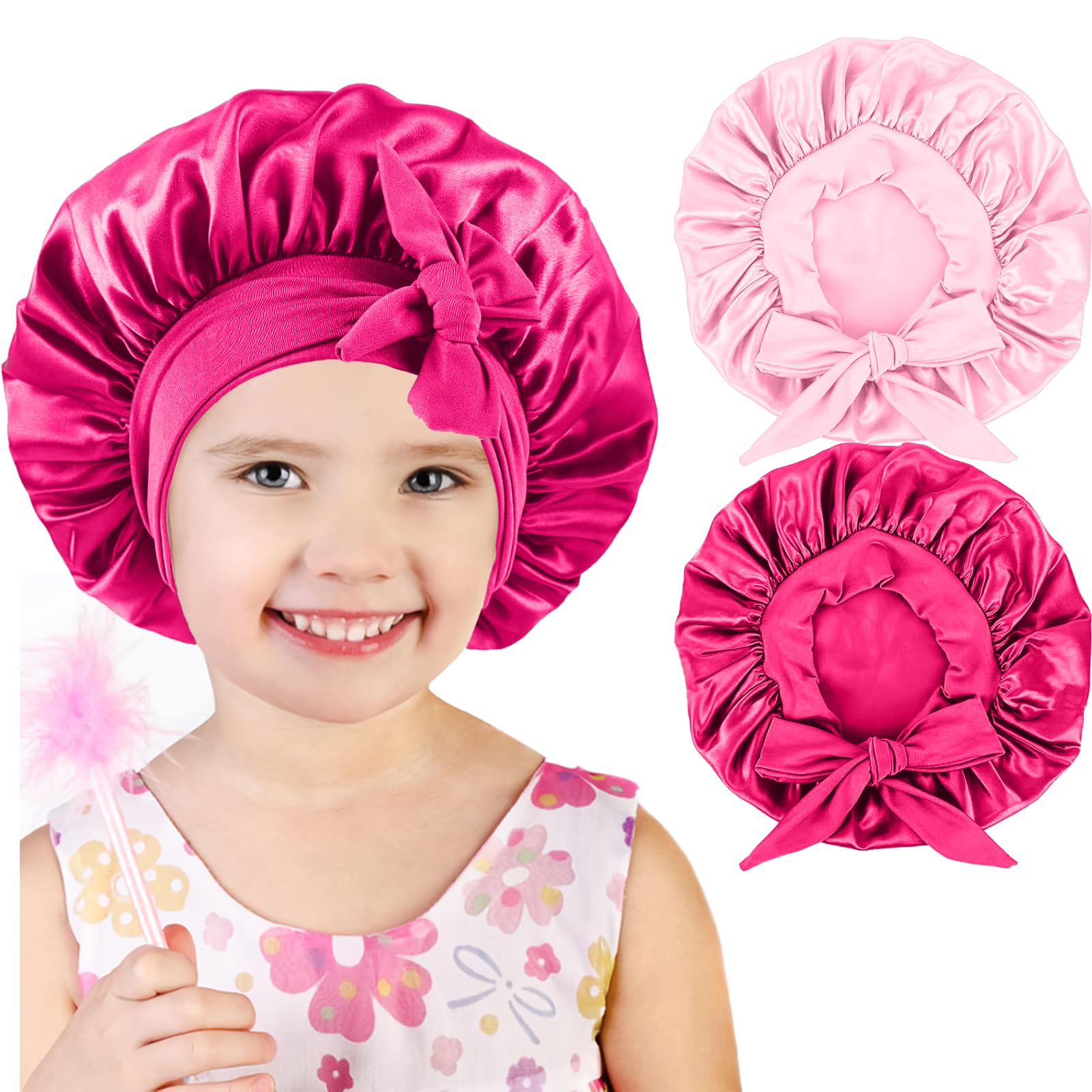 Photo 1 of 2 PCS Kids Bonnets for Girls, Silk Bonnet for Kids, Satin Bonnet for Sleeping, Baby Toddler Hair Cap with Tie Band Pink