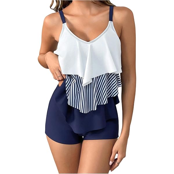 ZAFUL Women's Strapless Halter Bikini Set Ruched Color Block Trim 2