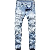 HENGAO Men's Ripped Jeans Slim Fit Stretch Straight Fit Denim Pants