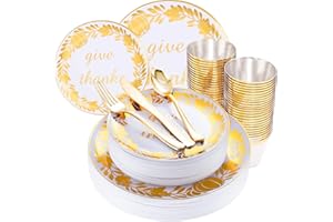 WELLIFE 150Pcs Thanksgiving Gold Plastic Plates with Disposable Plastic Silverware, Gold Plastic Dinnerware Set Includes: 25 Dinner Plates 10.25", 25 Salad Plates 7.5", 25 Cutlery and 9OZ Cups