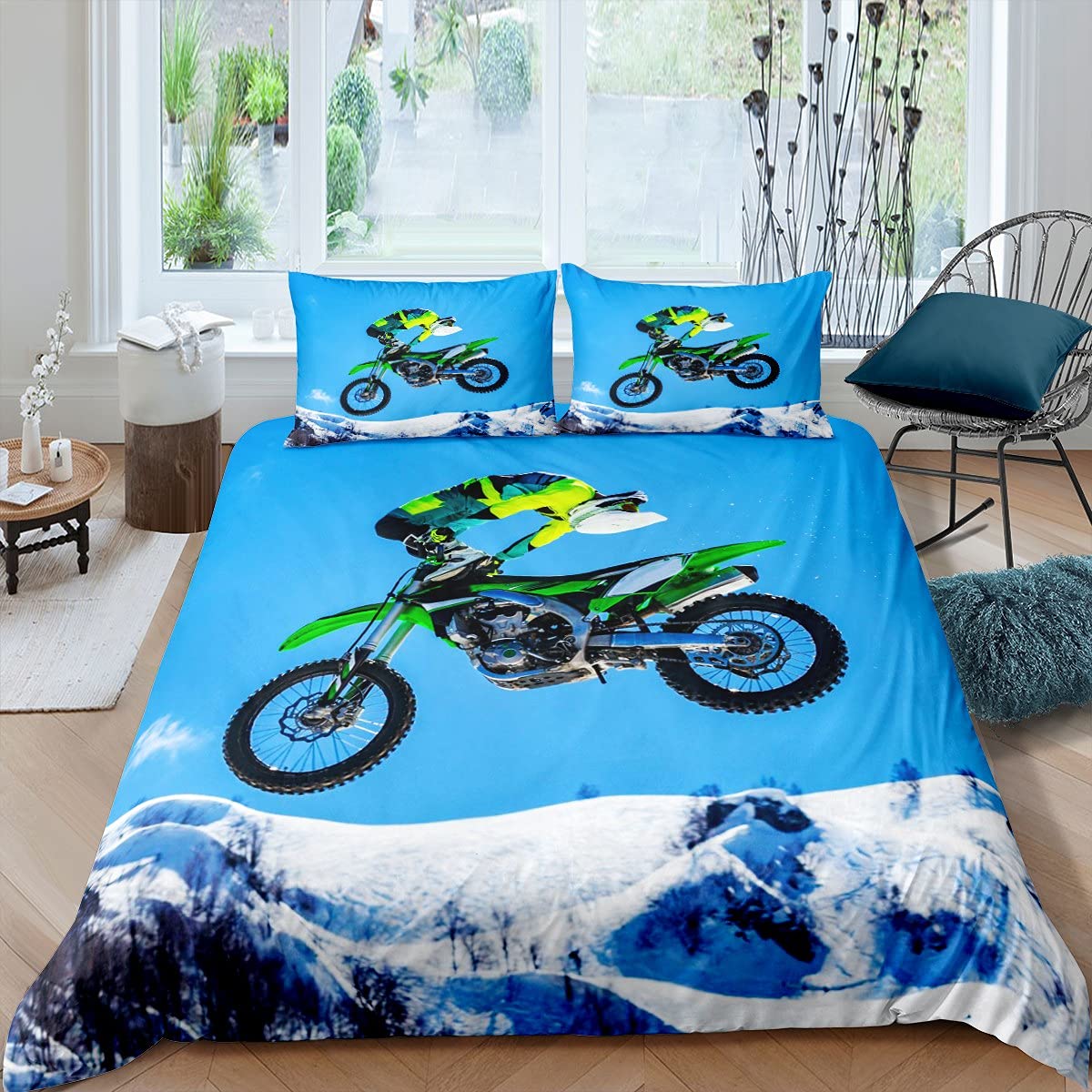Homemissing Mountain Bike Duvet Cover Motocross Racer Extreme Sport Bedding Set for Kids Boys Girls 3D Dirt Bike Comforter Cover Snow Mountain Bedding & Linen Room 3Pcs Double Size,Zipper