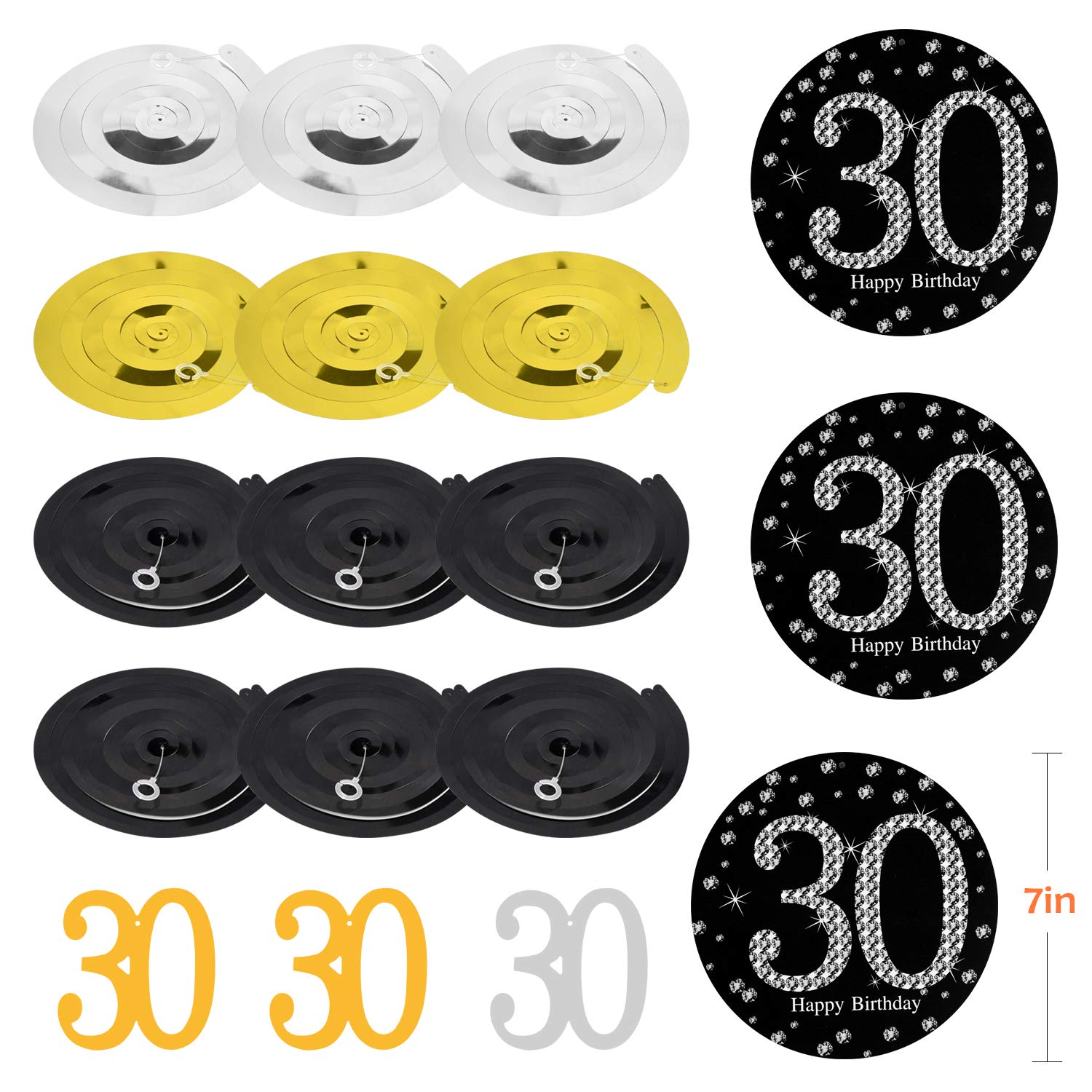 ZukoCert 30th Birthday Decorations Kit Gold Glittery Cheers to 30 Years Banner,6 Pcs Paper Pom Poms,20 Pcs Balloons,12 Pcs Sparkling Hanging Swirl Celebrate for 30th Anniversary Decorations Party Supplies