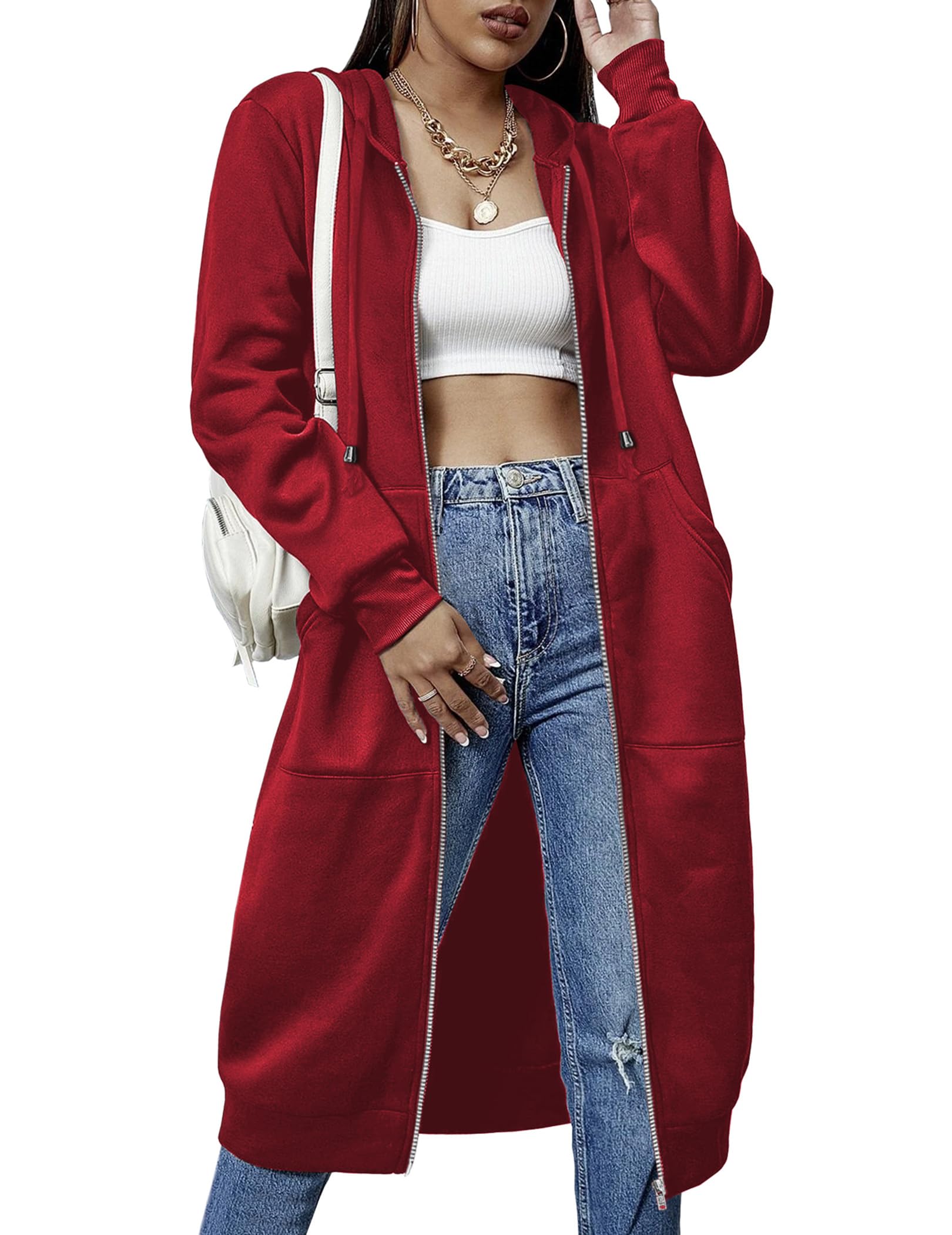 Photo 1 of ELESOL 2024 Women's Comfy Lightweight Oversized Zip Up Hoodie Sweatshirt Red XL
