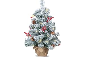Friiko Pre-lit Tabletop Artificial Mini Snow Flocked Christmas Tree - 21" Little Xmas Tree with LED Lights, Burlap Bag Base for Home Office Holiday DIY Decor