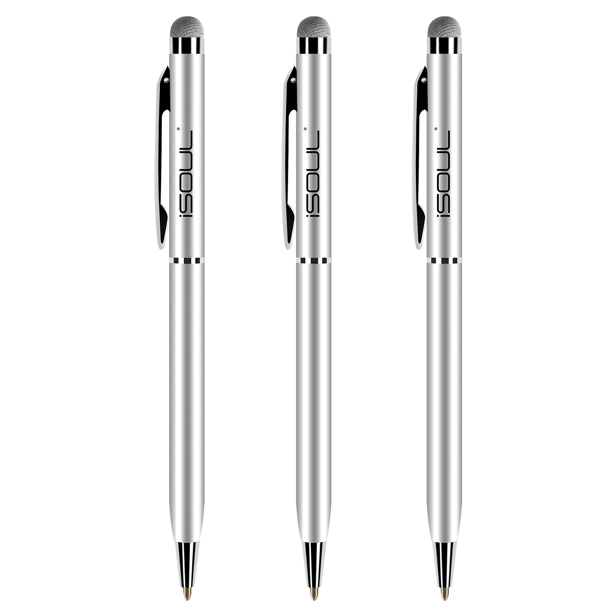 iSOUL Stylus Pen, Styli Capacitive Touchscreen Pens For Smartphones 2-in-1 Hybrid Ballpoint Touch Pen for iPhone, iPad Mini, Pro, Galaxy, Note, Tab Tablet, Nexus, Nokia, Blackberry (3 PACK, Silver)