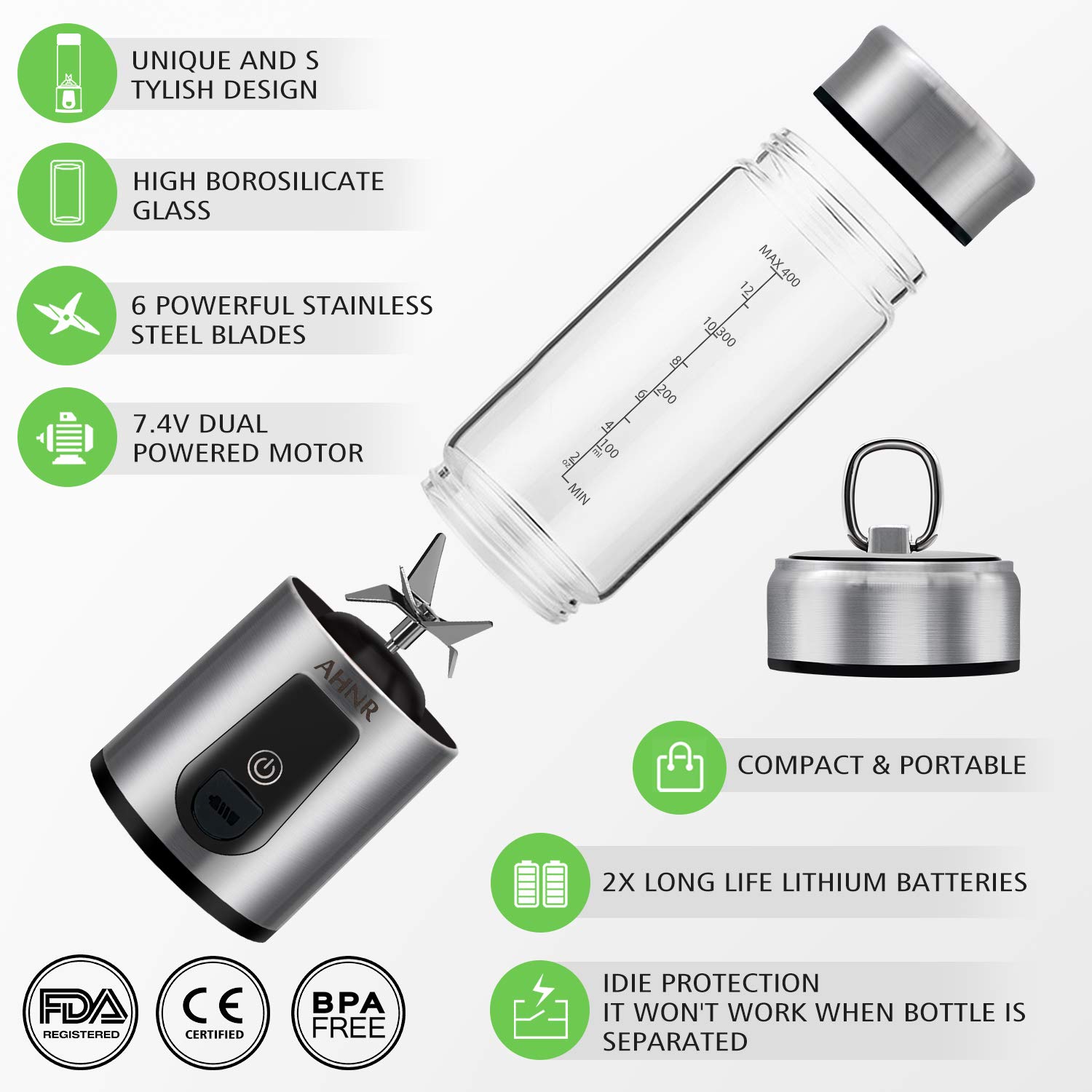 Portable Blender, Personal Smoothie Blender with USB Rechargeable, AHNR 15oz Small Mini Blender Juicer Mixer Travel Cup… - Image 3