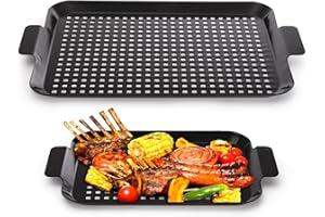 Covzoe 2 Pack Grill Topper Pans, Nonstick Barbecue Grilling Baskets with Perforated Bottom, Heavy Duty Carbon Steel Grilling Tray for Outdoor Cooking and Camping, Black, 2 Size