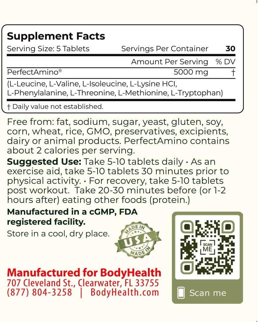 BodyHealth PerfectAmino Tablets (1PK), All 8 Essential Amino Acids with BCAAs + Lysine, Phenylalanine, Threonine, Methionine, Tryptophan, Supplement for Muscle Mass Production, Recovery & Strength: Health & Personal Care