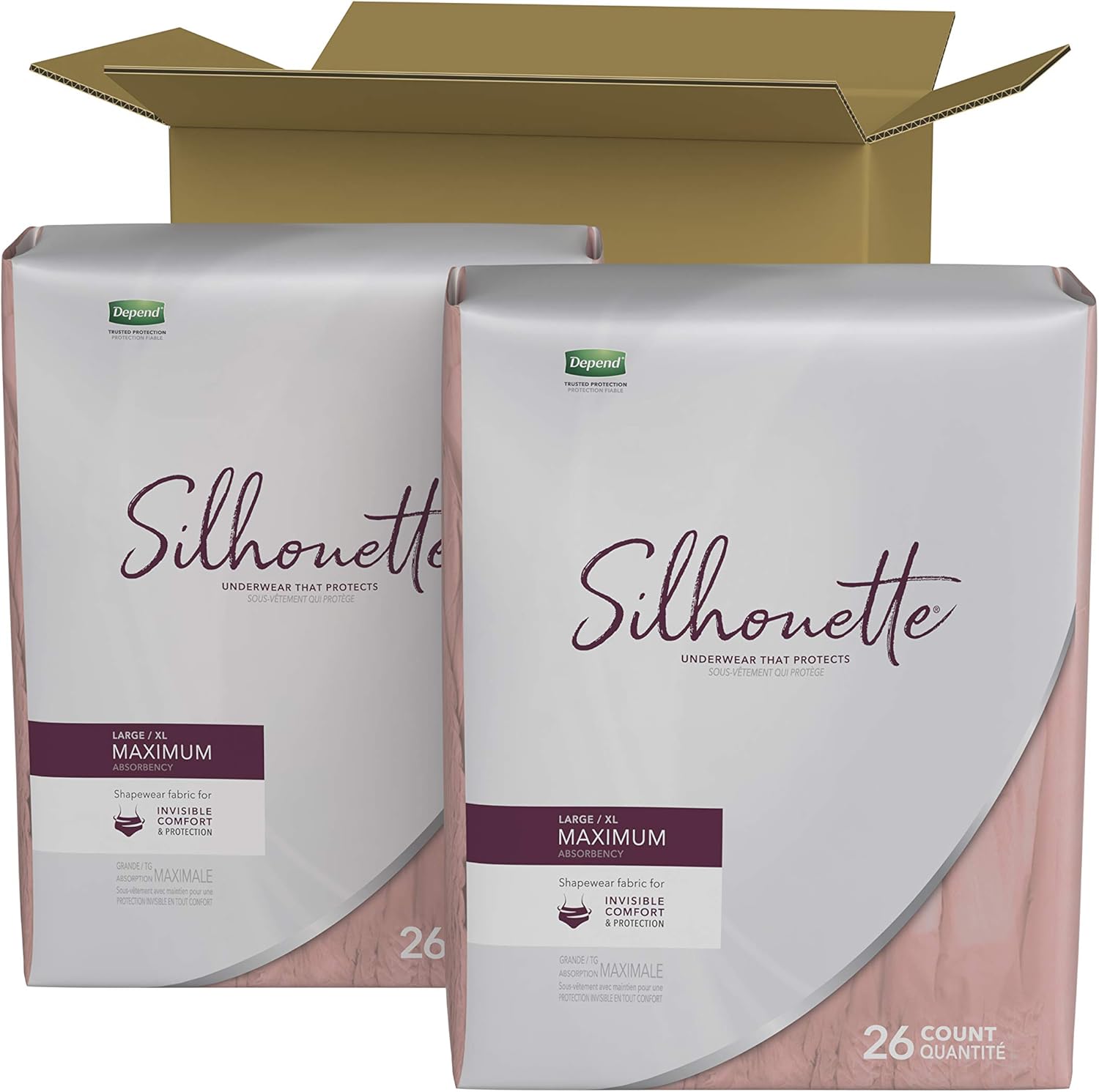 Depend Silhouette Incontinence Underwear for Women, Maximum Absorbency, Disposable, Large/Extra-Large, Pink, 52 Count (Packaging May Vary): Health & Personal Care