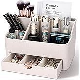 KINGFOM Leather Makeup Organizer with Drawer, Cosmetic Storage for Dresser Countertop and Bathroom Vanity, Beauty Holder for Lipstick Brush Skincare (Beige)