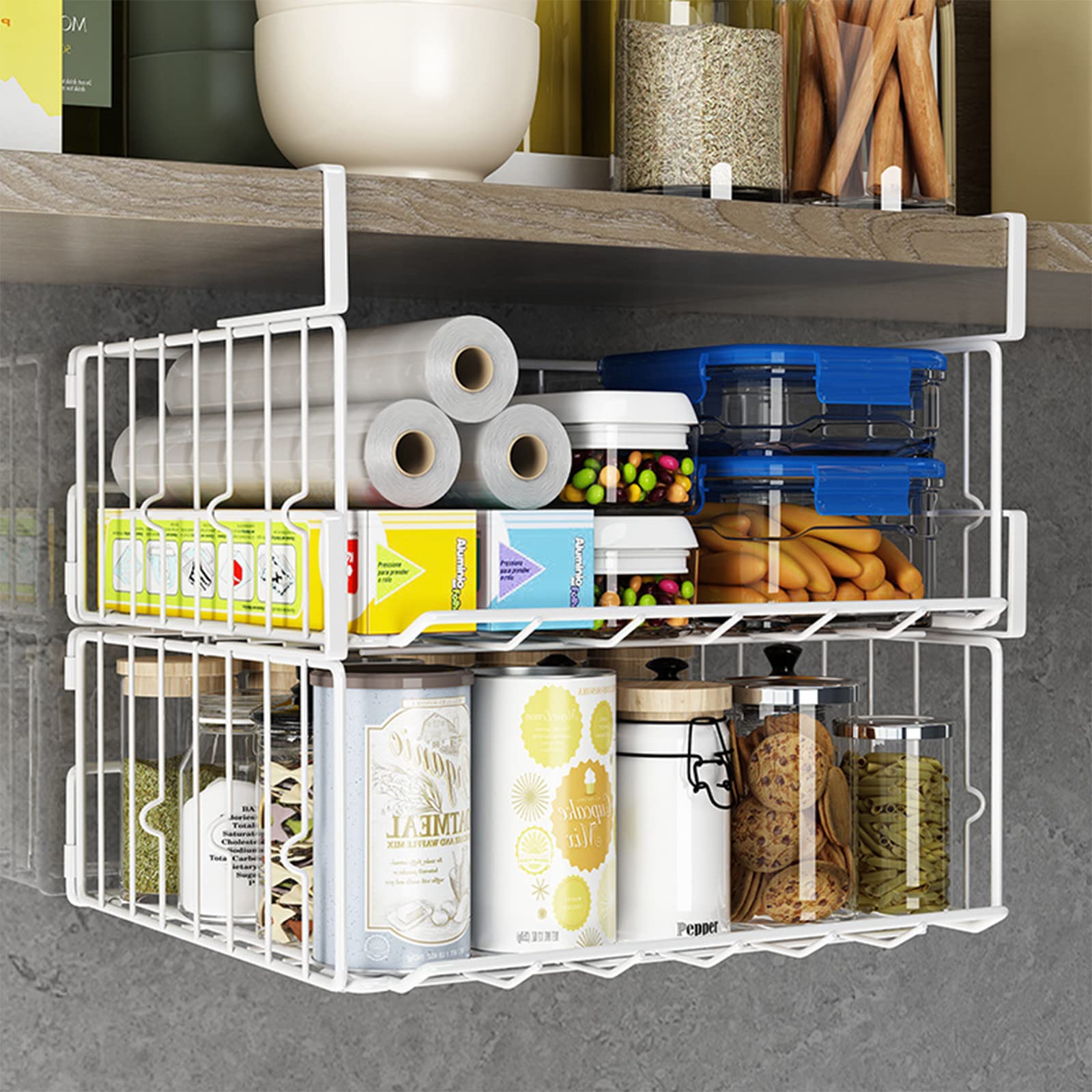 Pinkgarden Under Cabinet Basket Organizer, 2 Pack Foldable Wire Mesh Storage Shelf, Space Saving, Sturdy and Durable, No Assembly Required (White 2Pack)
