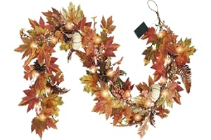 Artgar Fall Garland - 6 Ft Maple Leaf Pumpkin Berry Garland - Fall Decor Garlands with 30 Warming Lights for Thanksgiving Halloween Mantel Table Indoor Outdoor Decor
