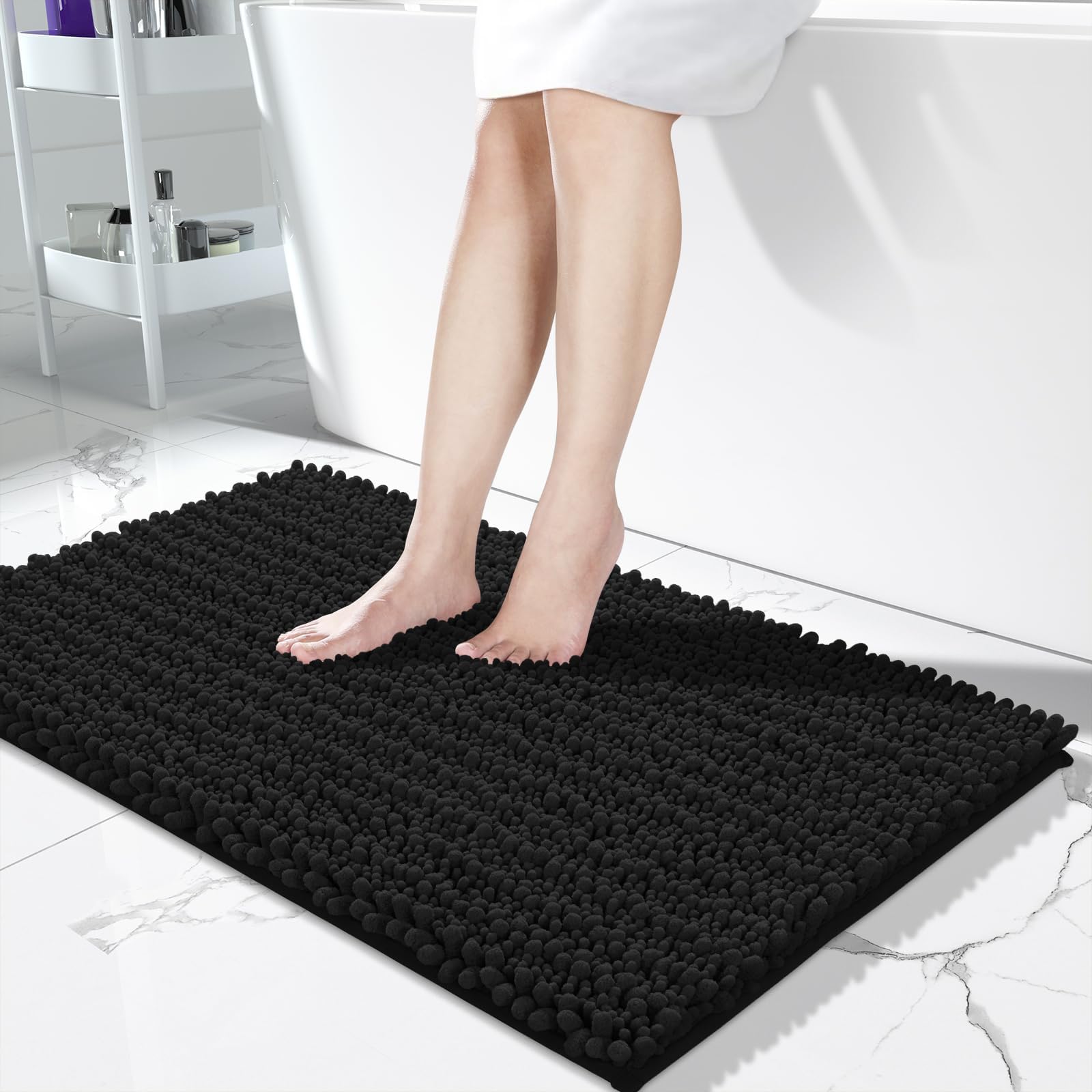 Photo 1 of Yimobra Long Bathroom Rugs Non Slip Washable 44x24 Inch - Ultra Soft Absorbent Chenille Bath Mat, Quick Dry Shaggy Floor Carpet for Tub Shower, Black Home Decor Accessories