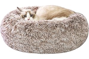 CATBOAT 23'' Calming Dog Cat Bed - Indoor Washable Donut Dog Bed with Fluffy Faux Fur Plush, Round Anti Anxiety Pet Bed, Warming Cuddler Cushion Bed for Small Medium Dogs and Cats Kittens Puppy, Brown