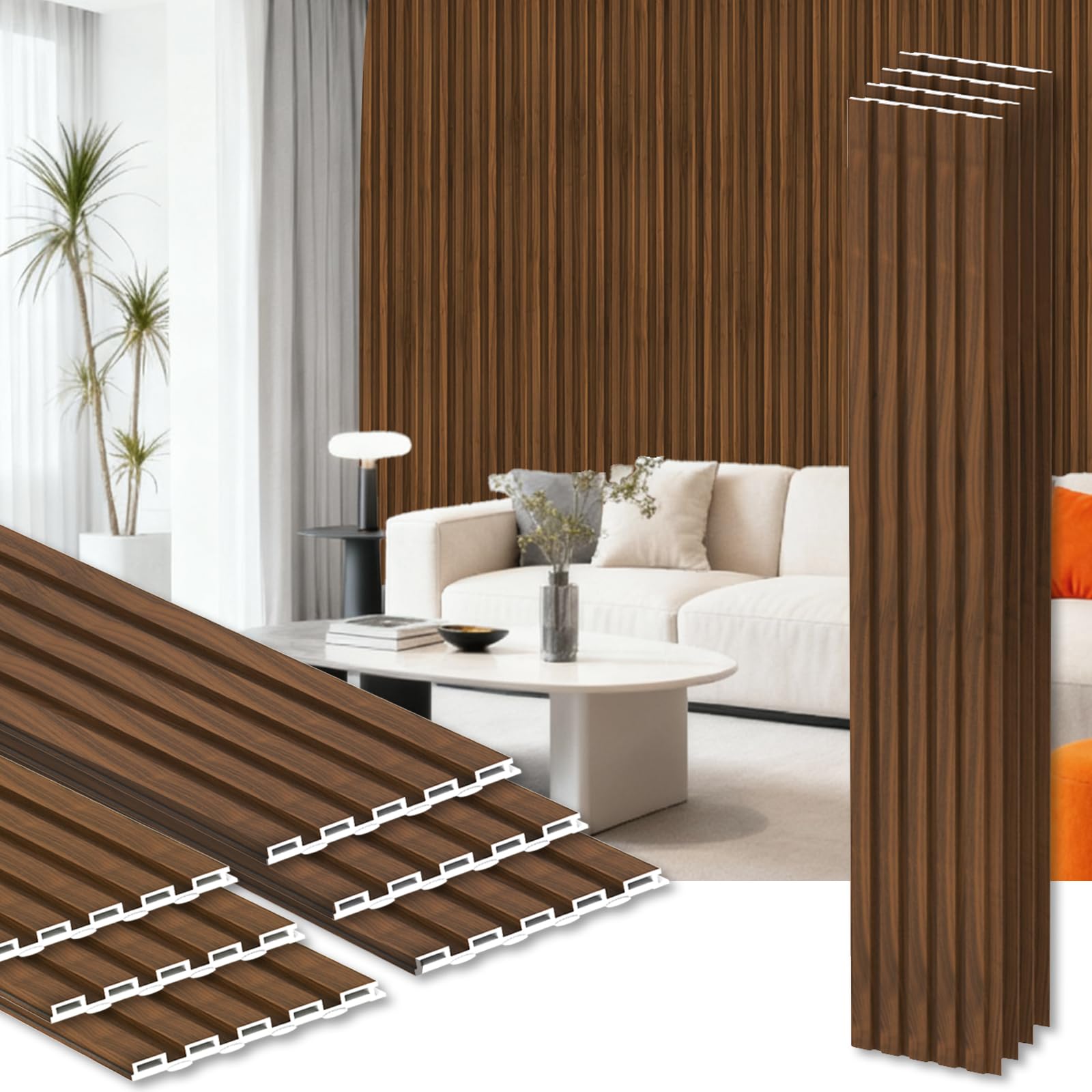 Photo 1 of RITOLLO 10-Pack WPC Slat Wall Panels, 96 x 6 Inches 3D Fluted Wall Panels for Interior Wall Decor, Modern Accent Wood Wall Paneling for Living Room, TV Background, Office, Bedroom(Teak)