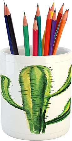 Amazon Com Ambesonne Cactus Pencil Pen Holder Mexican Hot Desert Cactus Flower Plant Botanic Design Nature Cartoon Like Print Image Printed Ceramic Pencil Pen Holder For Desk Office Accessory Green Office