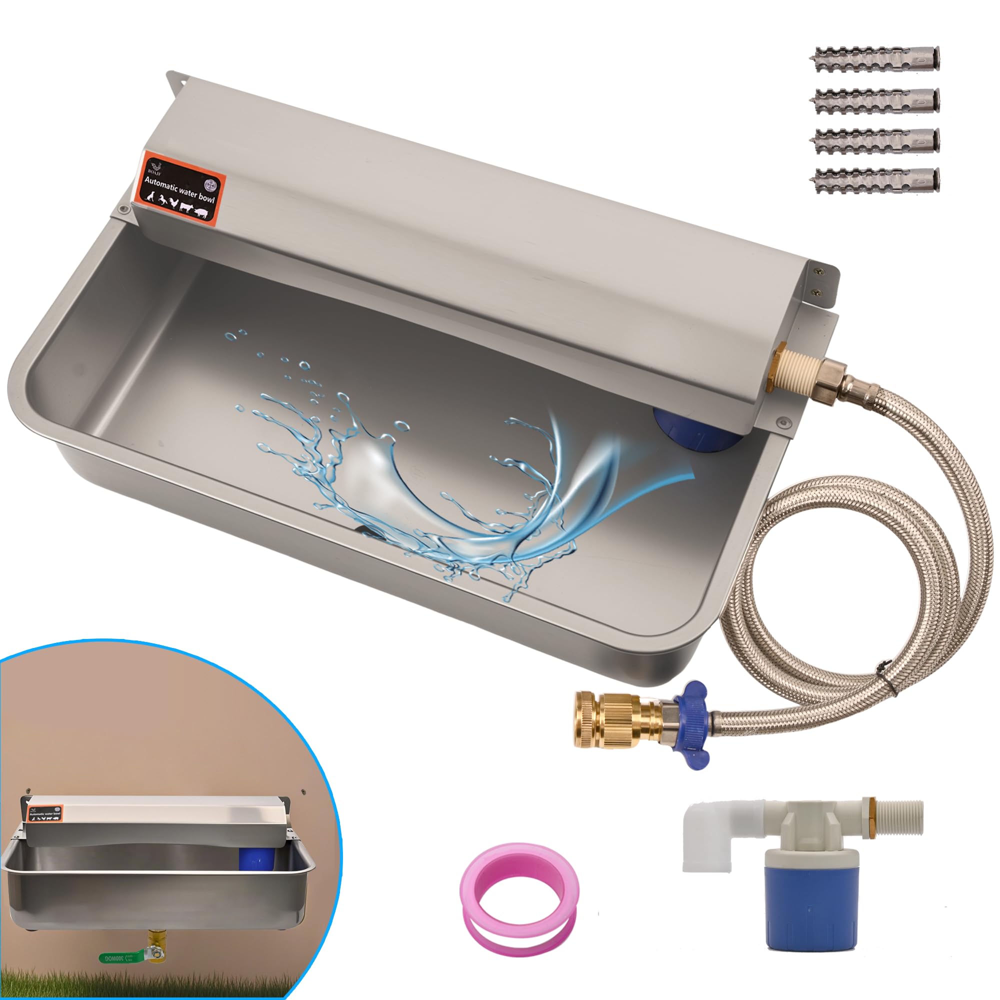 Photo 1 of Boajf Automatic Dog Water Bowl, with Drainage System & Auto Refill, 304 Stainless Steel Auto Pet Waterer, Includes Drain Valve, Float Valve, Hose Quick Connector, for Livestock, Horse (2 Gallon)