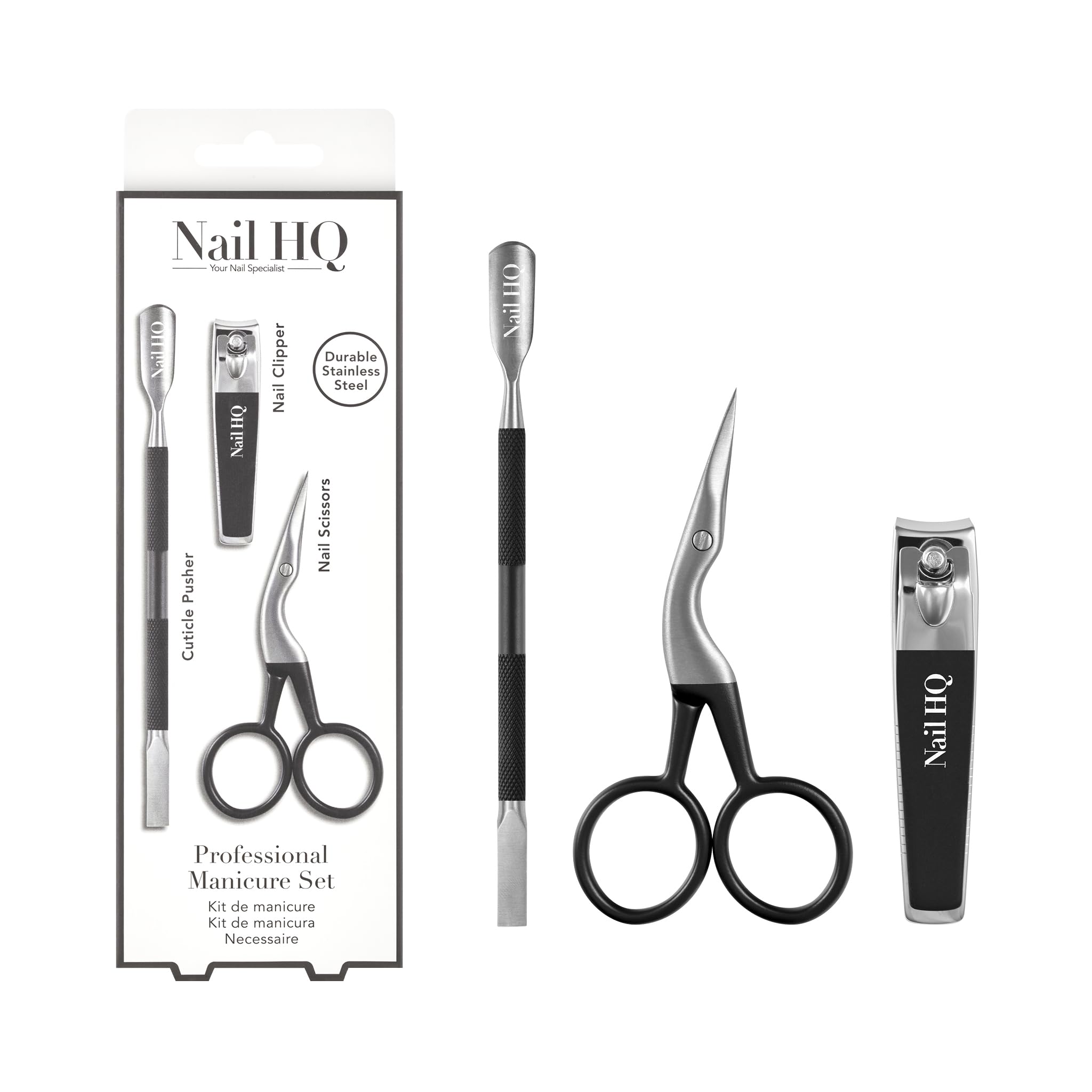 Nail HQ Professional Manicure Set – Premium Stainless Steel Nail Clippers, Scissors & Cuticle Pusher, for Women & Men, Portable, PETA-Approved Vegan & Cruelty-Free Grooming Kit