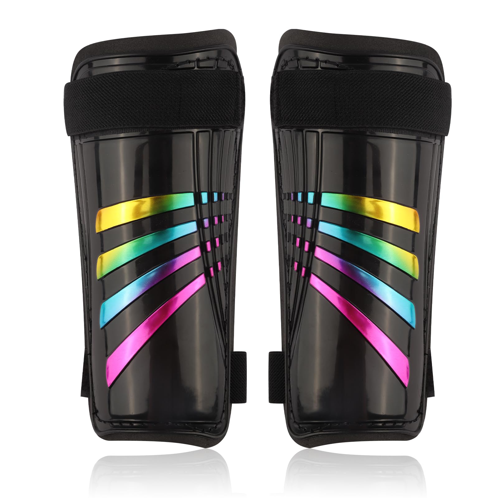 Football Shin Pads | Impact Protection Kids Shin Pads | Non Slip Double Adjustable Straps Soccer Shin Guards Boys Girls | Glitter Rainbow Shin Guards Kids 5-12 years (Black)