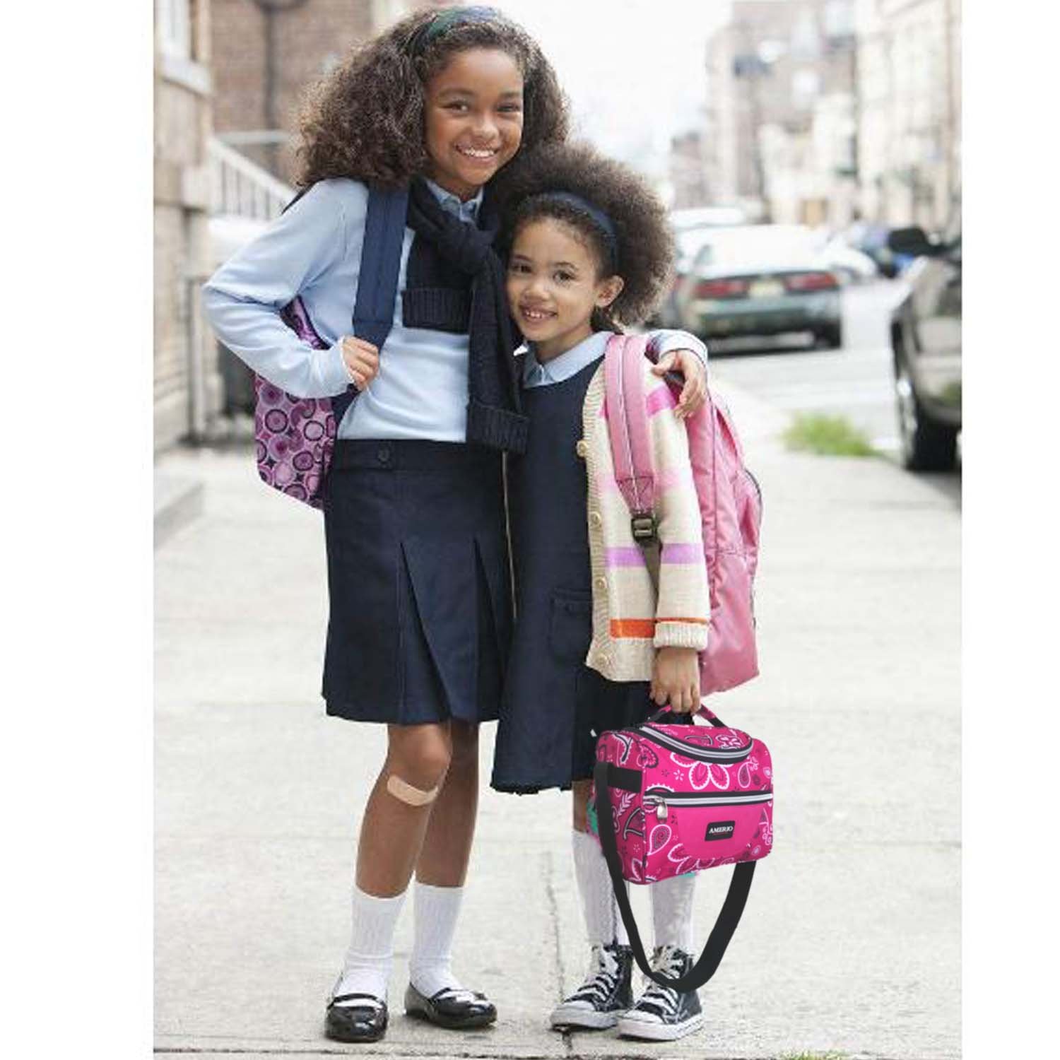 Insulated lunch bag for kids, AMERIO Lunch Box For Work Men, Women, Smooth Zipper& Lightweight, Small Lunch Box for Grils with Adjustable Strap (Pink)