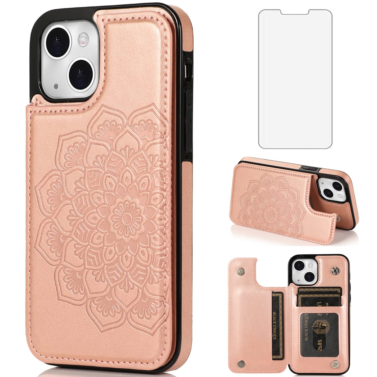 Asuwish Phone Case for iPhone 13 6.1 inch with Tempered Glass Screen Protector and Wallet Cover Leather Flip Credit Card Holder Stand Cell iPhone13 5G i i-Phone i13 iPhone13case Women Men Rose Gold