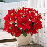 WOBUBU 14'' Poinsettias Artificial Christmas Flowers for Outdoors,12 Bundles Mixed Fake Red Silk Flowers Faux Plastic Plants UV Resistant for Home Garden Porch Patio Outdoor Indoor Decor