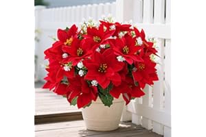 WOBUBU 14'' Poinsettias Artificial Christmas Flowers for Outdoors,12 Bundles Mixed Fake Red Silk Flowers Faux Plastic Plants UV Resistant for Home Garden Porch Patio Outdoor Indoor Decor