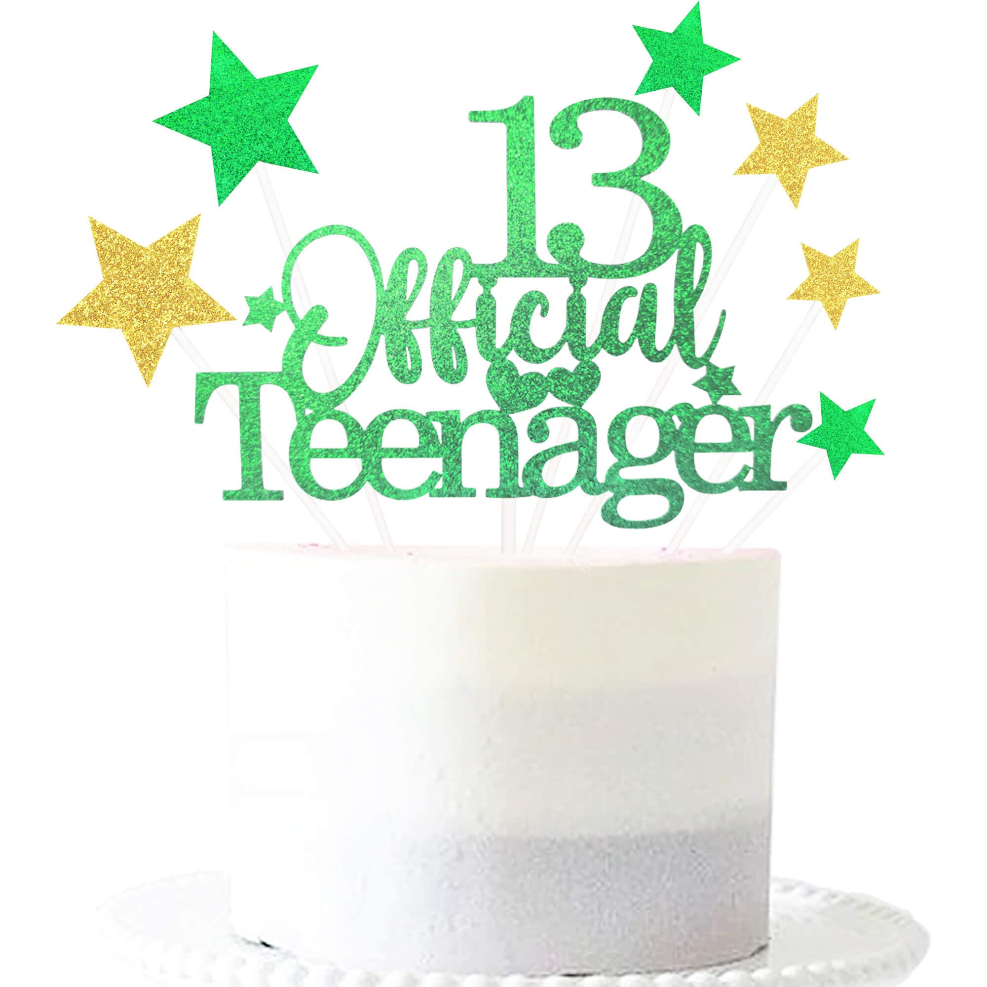 Pargleev 13th Glittery Personalised Birthday Gifts:Official Teenager13 Cake Topper with Stars-Thirteen Years Old Birthday Party Supplies for Boys and Girls,Decorations,Keepsakes and Green Gold