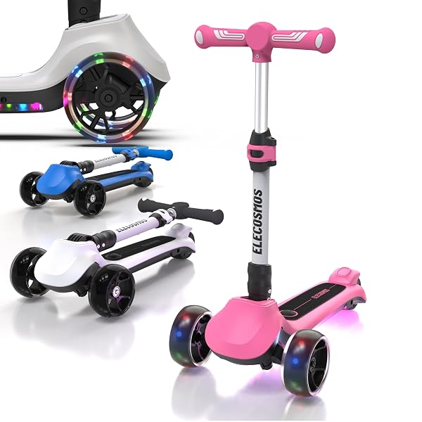 ELECOSMOS KIDS ELECTRIC SCOOTER FOR AGE 4-9, LIGHT UP 3 WHEELED SCOOTER WITH BIG LED WHEELS, FLASHING DECK, 3 ADJUSTABLE HEIGHTS, LIGHT UP 3-WHEELS SCOOTERS, BALANCE TRAINING SCOOTER FOR KIDS, BLUE