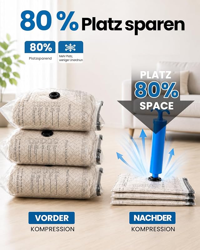 Vakuumbeutel für Kleidung, 4er-Set Vakuumbeutel (4 * 50x40cm), Vacuum Bags for Clothing mit Handpumpe für Reisen, Umzüge, Aufbewahrung