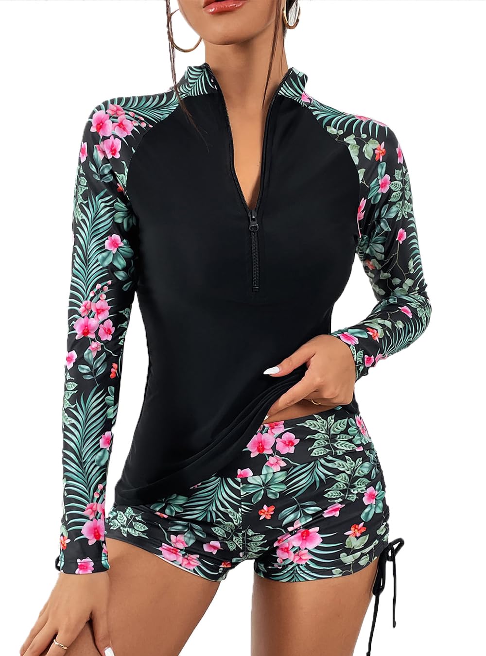 Photo 1 of MED Joyhas Women's Two Piece Rash Guard UPF50+ Sun Protection Long Sleeve Zip Front Swimsuit Top with Boyshorts Swim Shirt