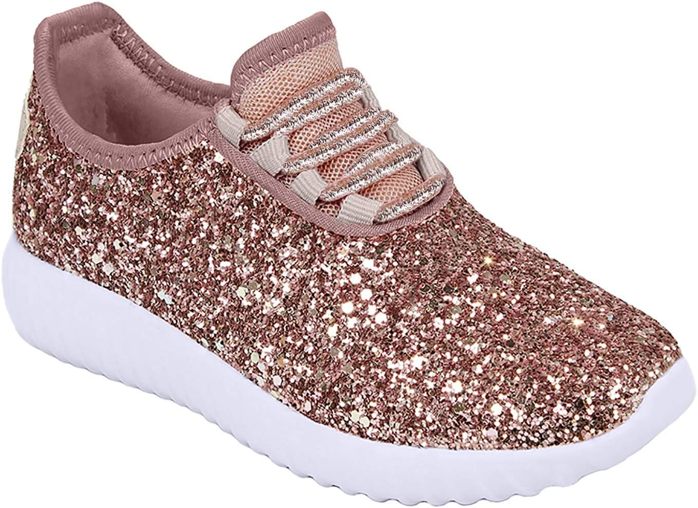 JKNY Kids Girls Fashion Metallic Sequins Glitter Lace up Sneakers Rose Gold 5
