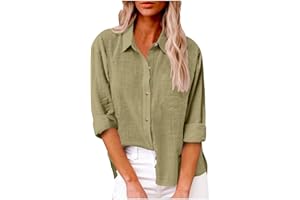 Blczomt Linen Shirts for Women Summer Long Sleeve Lapel Button Down Shirt Lightweight Gauze Tops Loose Casual Blouses Clothes