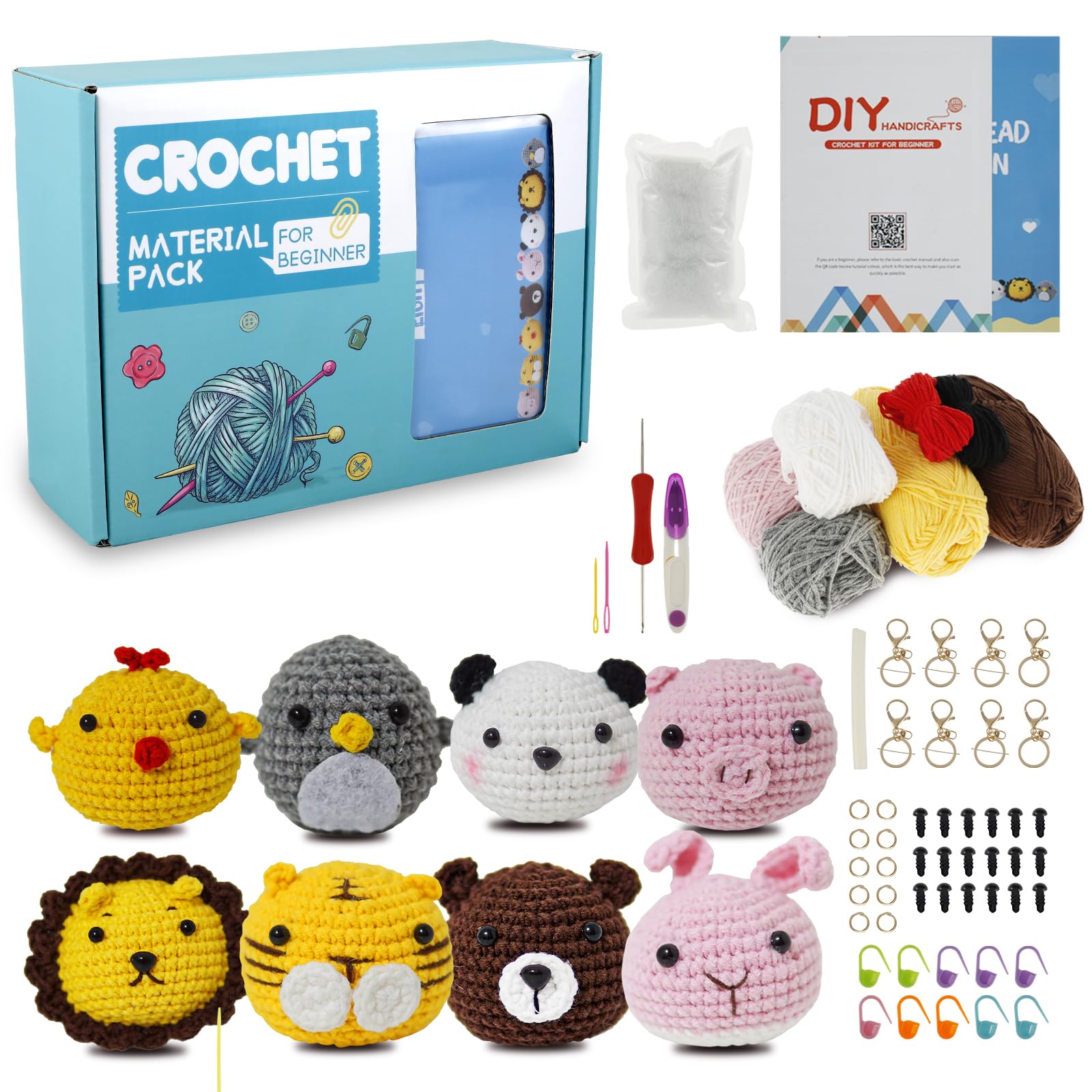 Keyohome 8 Pcs Beginners Crochet Kit, Crochet Kits for Beginners,Animals Crochet Kit,Crochet Set Include Various Accessories with Instructions and Video Tutorials for Starters Adult Kids (Color)