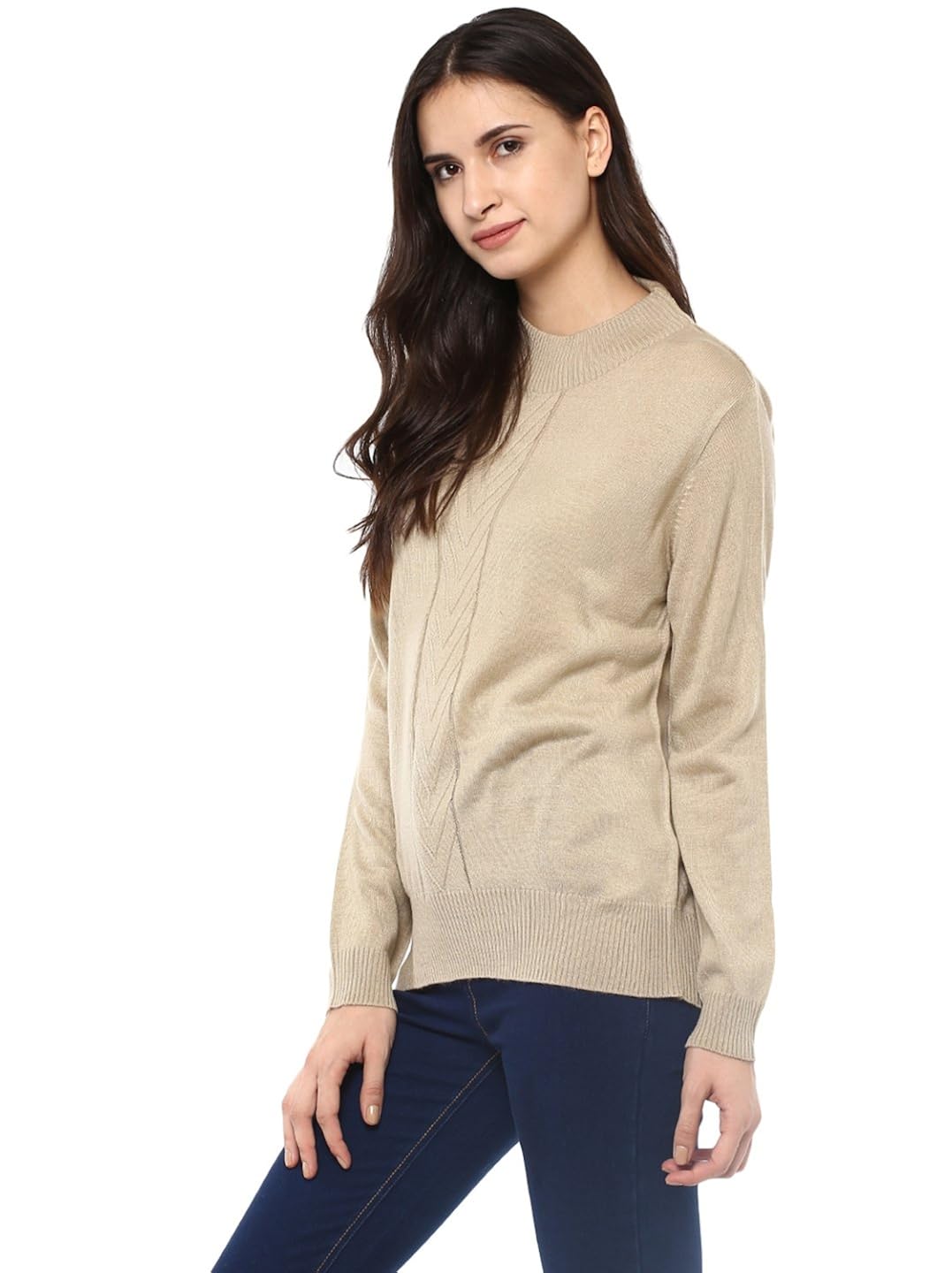 cayman women beige self design pullover sweater