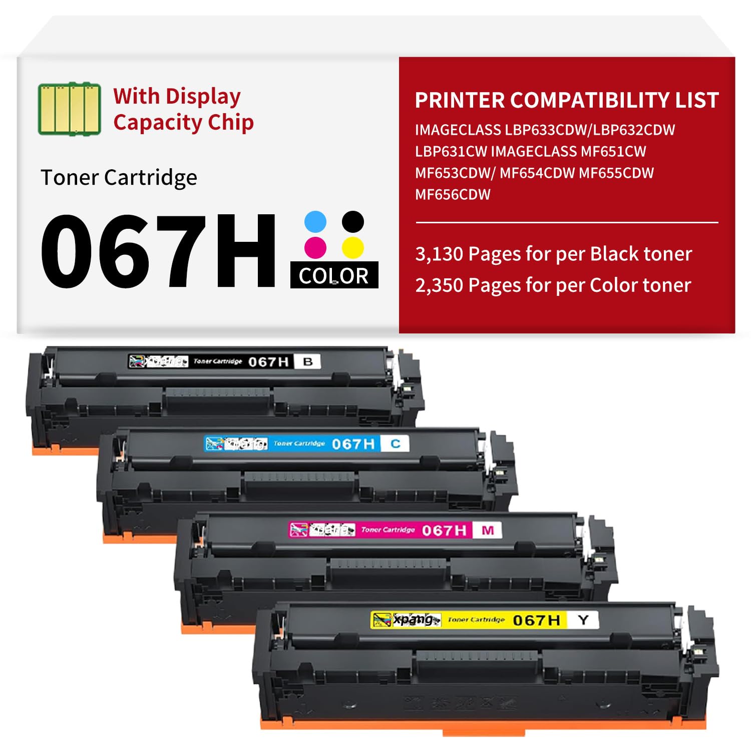Photo 1 of 067H 067 Toner Cartridge with Chip Replacement for Canon 067H Toner Cartridge Set Compatible with Canon imageCLASS MF656Cdw LBP632Cdw MF650C MF654Cdw MF653Cdw MF652Cw LBP633Cdw Printers (BCMY, 4 Pack)