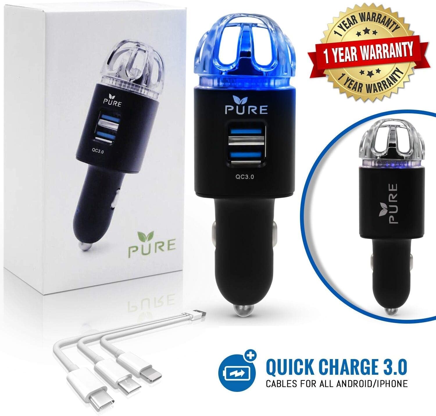 Car Air Purifier 3in1 Premium Stainless Steel Air Filter Ionizer w/Dual USB Ports - Quick Charge USB 3.0 - Eliminate Allergens Odor Smell Smoke Pets Pollen Mold Bacteria w/Anti-Microbial Deodorizer