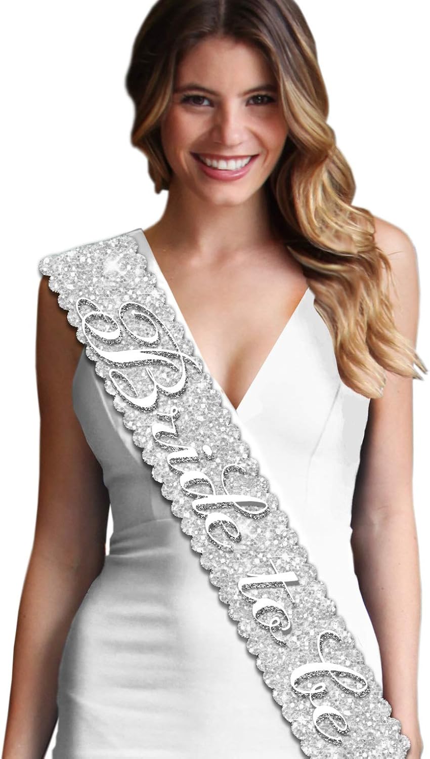 Bride To Be Sparkle Silver Sash - Premium BRIDAL Scalloped Sash for Bachelorette Party - Bridal Shower Decorations & Supplies - Silver: Clothing