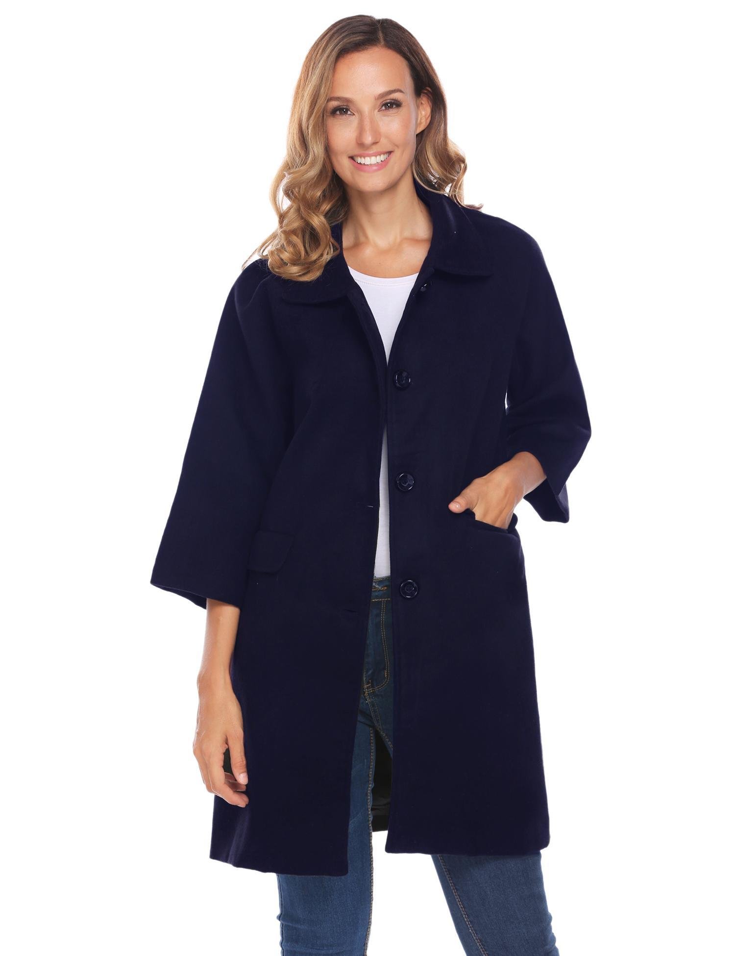FineFolk Womens Winter Outdoor Classic Wool Blended Trench Coat Jacket Black