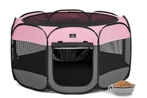 A 4 PET Portable Dog Playpen for Small Dogs & Puppies –39.5" Pop-Up Foldable Pet Fence with Bowl, Waterproof Bottom, Removable Mesh Top, Indoor Outdoor Use, Secure Zippered Door, Travel & Training Use