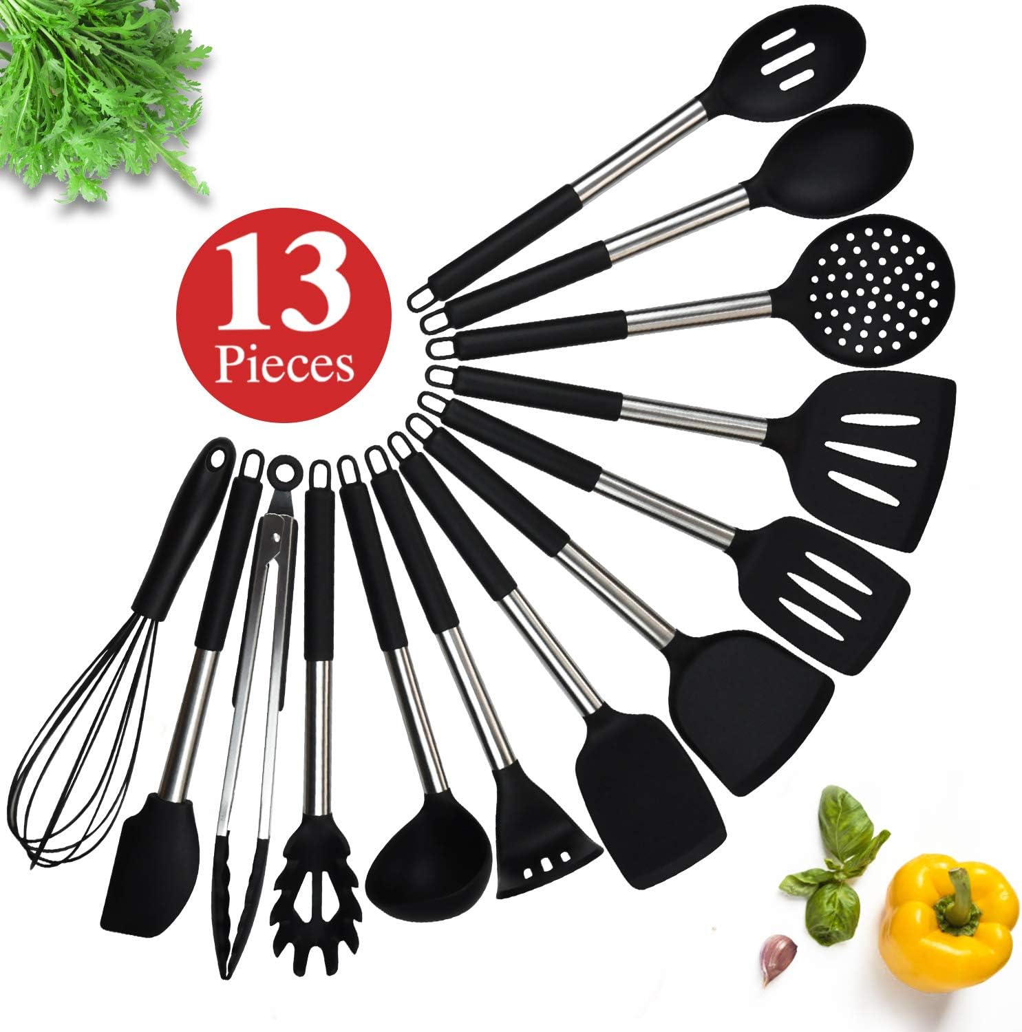 Silicone Cooking Utensil Set, ChicAid Kitchen Utensil Set with Spatula, Heat Resistant Non-stick Kitchen Gadgets Cookware Set with Silicone Stainless Steel Handles(black, 13pcs)
