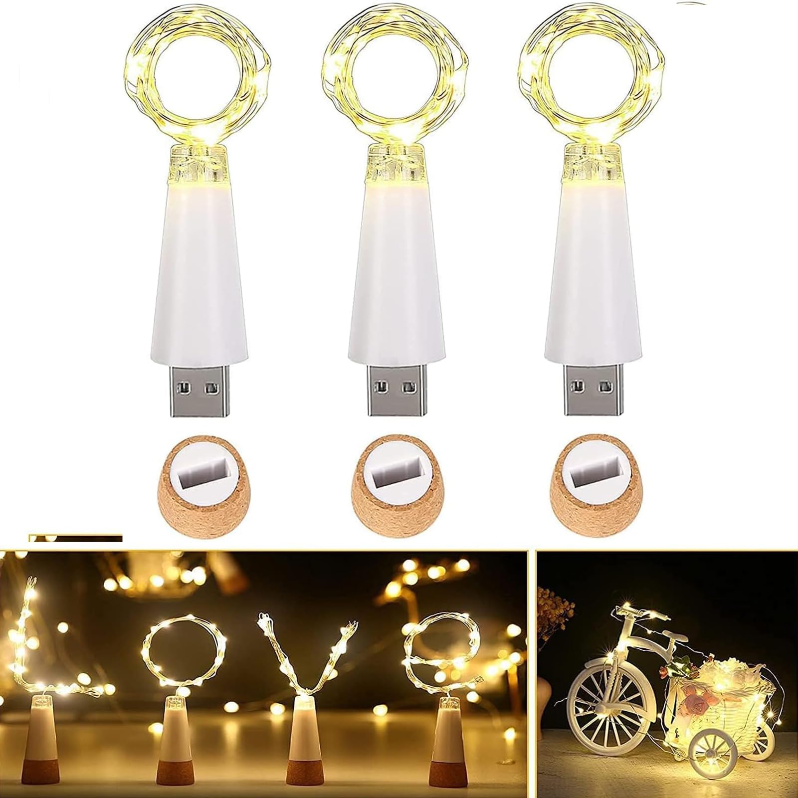 Ceepko USB Bottle Lights Rechargeable Waterproof Wine Bottles String Lights 59 Inch 15 LEDs Cork Fairy Lights for Bottles DIY Party Christmas Decorations