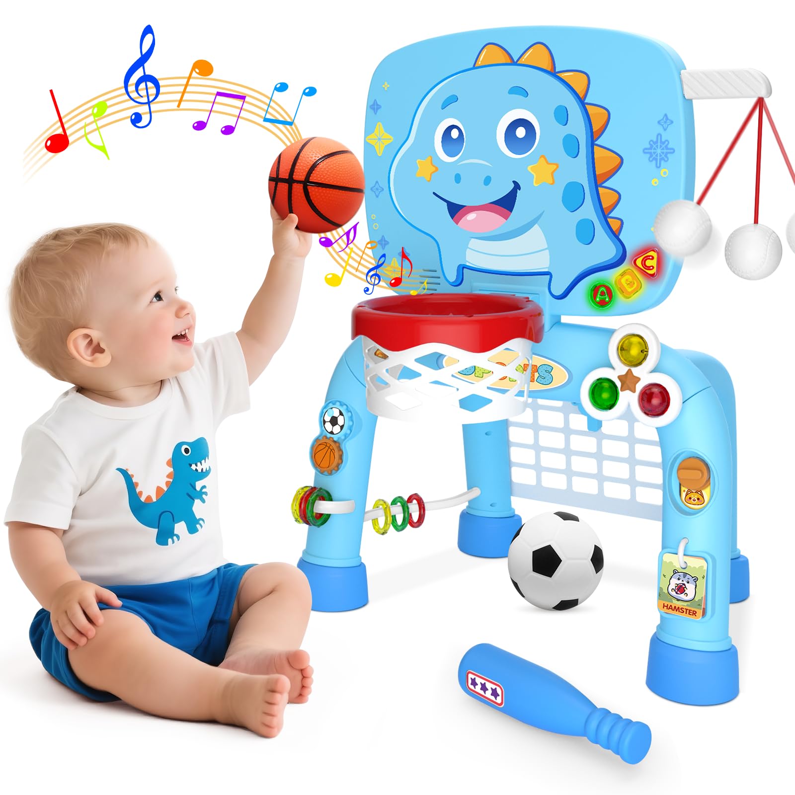 Toys for 1 Year Old Boy - Toddler Basketball Hoop&Soccer Goal&Baseball Sport Activity Center,Montessori Sensory Musical Toy with Light,Christmas Birthday Gift for Age 12-18 Month(Baby Blue Dinosaur)