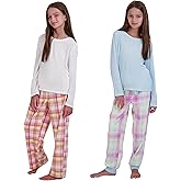 US Angels Girl's Pajama Sets, 4-Piece Pajamas for Girls - Long Sleeve Shirt, Plaid Microfleece Pants