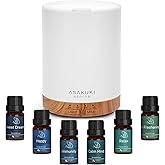 ASAKUKI Essential Oil Diffuser, Aromatherapy Cool Mist Home Humidifier with 7 LED Color Changing Light and Auto-Off Safety Switch, 6 Essential Oils Set, 300ml (Brown with Oils)