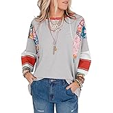 EVALESS Boho Tops for Women Dressy Casual Spring 3/4 Length Sleeve Crewneck Patchwork Striped Oversized Blouses Shirts