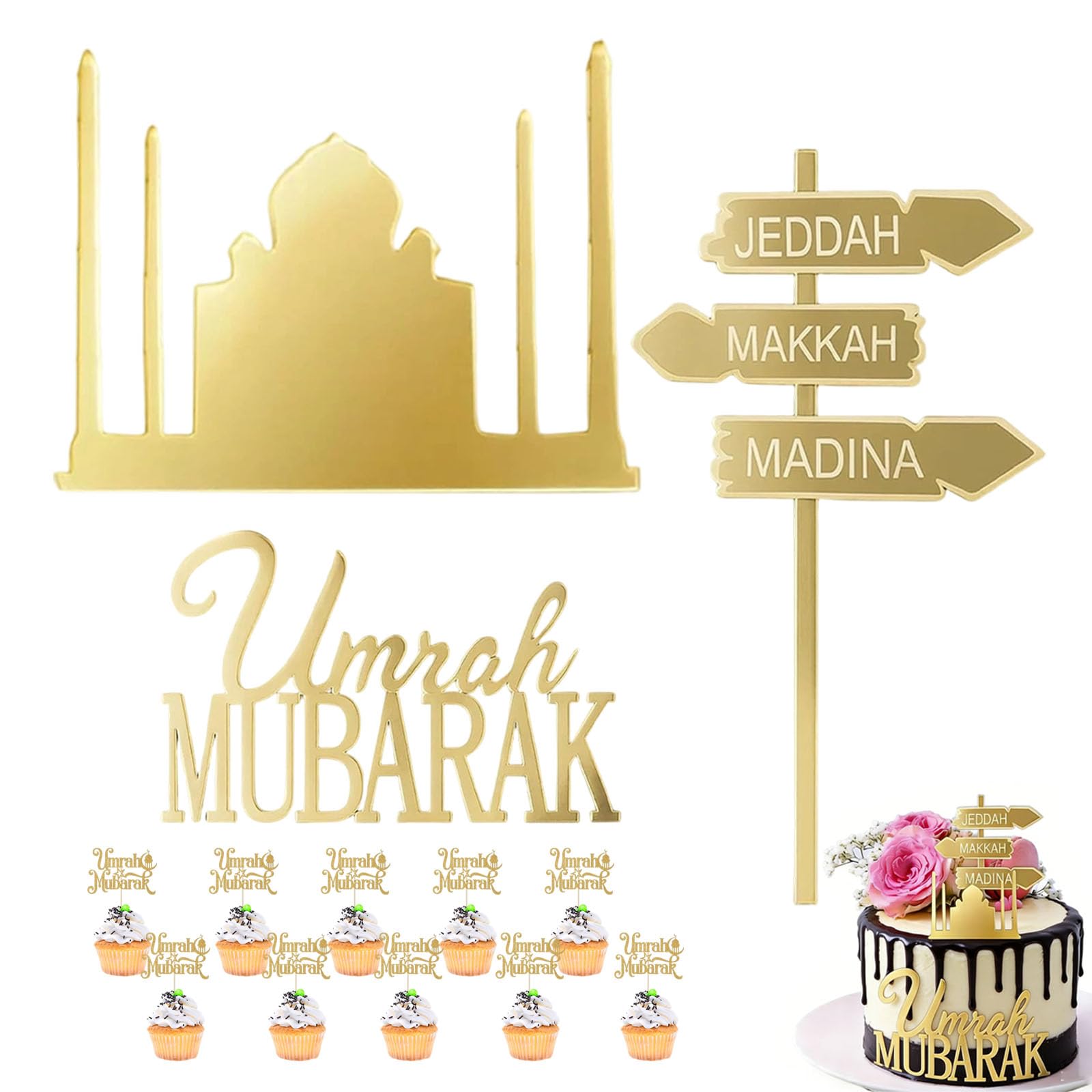 13Pcs Umrah Mubarak Cake Topper, Umrah Mubarak Decoration Set for Family Gatherings, Complete with 10 Mini Flags and 3 Cake Topper for Cupcake and Cake Decoration