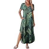 BELAROI Womens Plus Size Maxi Dresses Summer T Shirt Dress Casual V Neck Short Sleeve Long Dress Loose Fit Pockets Split